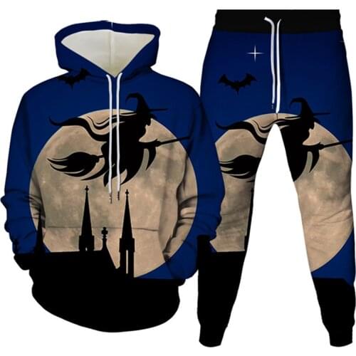 Men Halloween Clothes Horror Skull Pumpkin Lantern Print Male Tracksuit Pocket Hoodie Trousers 2pc Set Women Punk Suit Plus Size
