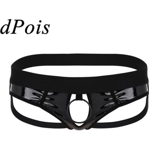 Men Sissy Low Rise Panties Faux Leather Homme Underwear Lingerie Open Back Hollow Out Metal Penis O-Ring Gay Male Bikini Briefs