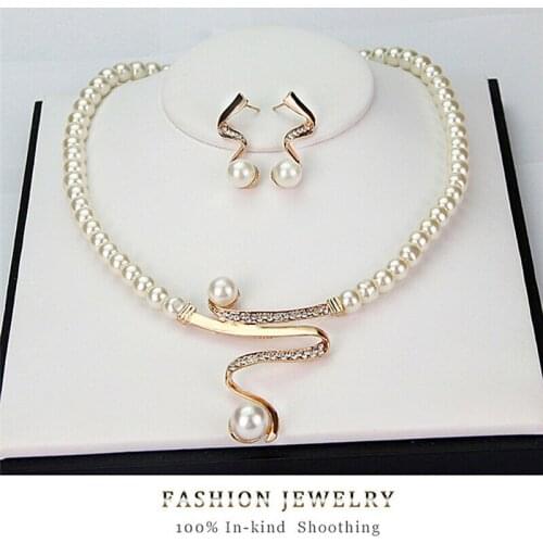 New Arrival Fashion Jewelry Women Bridal Wedding Party Prom Pearl Rhinestone Necklace Earrings Jewelry Set Dropshipping
