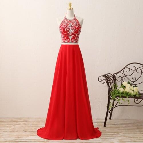 New Arrival O Neck Tank Crystal Rhinestone Beading Crop Top A Line Long 2 Two Piece Prom Dresses Gowns 2019