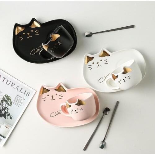 NEW Cartoon Ceramics Cat Mug Set With Saucers Spoon Coffee Milk Mugs Cute Creative Breakfast Drinkware Birthday Gift Porcelain