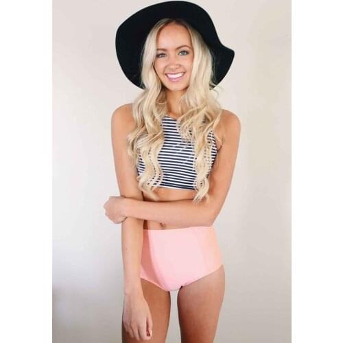 New Season Women 'S Pink Six Top Striped High Waist Tankini Bikini Suit-2021
