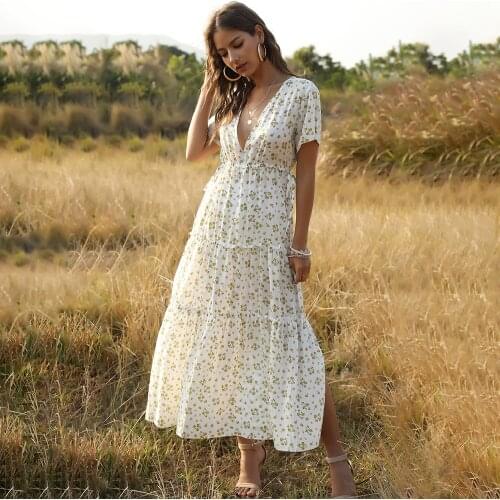 Fridayin 2021 Summer Boho Womens Elegant V-Neck Floral Print Maxi Dress Casual Beach Vacation Vestidos