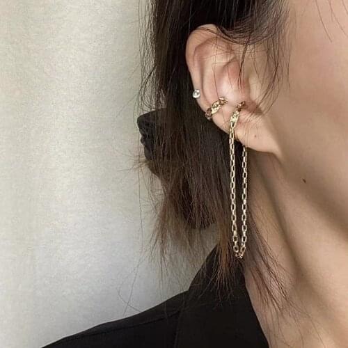 FFLACELL Korea HOT Simple Metal Asymmetric Earless Ear Bone Clip Earring Personality Long Chain Painless Earring For Women