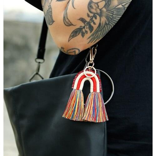 Handmade Cotton Multicolor Tassels Bag Pendant For Women Crystal Charm Keychain Alloy Key Chain Accessories UKEN