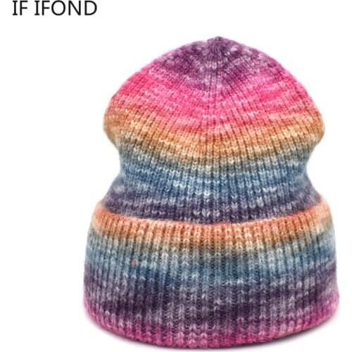 Unisex Tie dye Color Rabbit Fur Beanies Skullies Winter Warm Knitted Hat For Woman Outdoor Tide Street ski cap