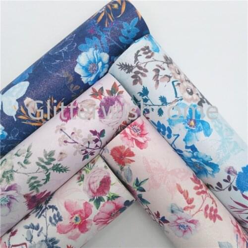 Glitterwishcome 21X29CM A4 Size Flowers Printed Suede Faux Leather Fabric Sheets, Synthetic Leather Fabric,PU for Bows, GM3050A