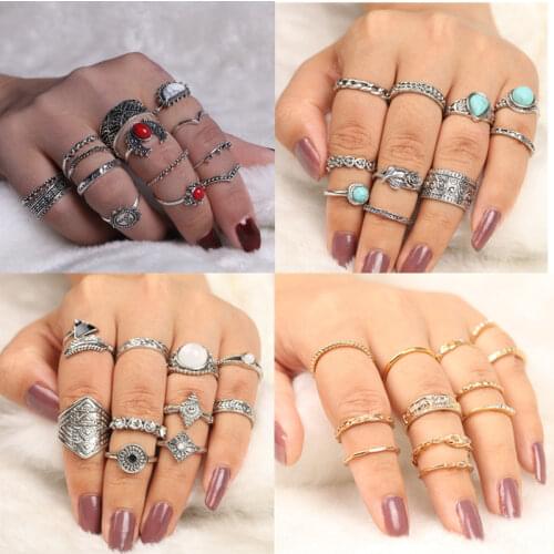 Vintage Antique Silver Moon Heart Ring Set Crown Opal Stone Finger Midi Rings Set for Women Wedding Rings Jewelry Gifts
