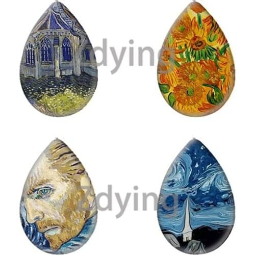 Zdying Water Drop Teardrop Glass Cabochon Van Gogh Oil Painting Sunflower Starry Sky Picture Beads DIY Pendant Jewelry Findings
