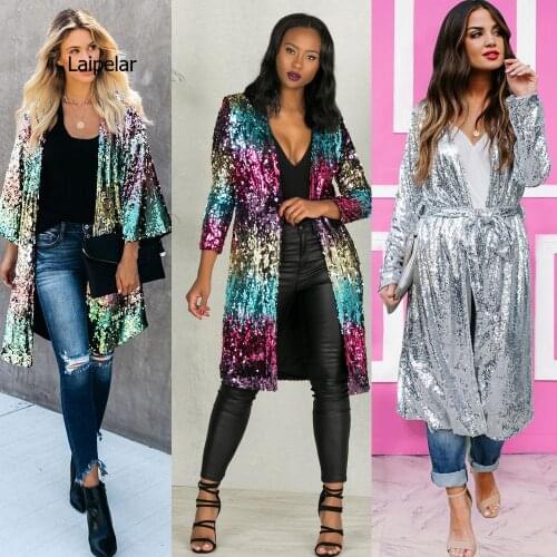 Fall Gradient Sequined Long Jackets Women Long Sleeve Open Stitch Loose Long Coats Streetwear Ladies Outwear Elegant Cardigans