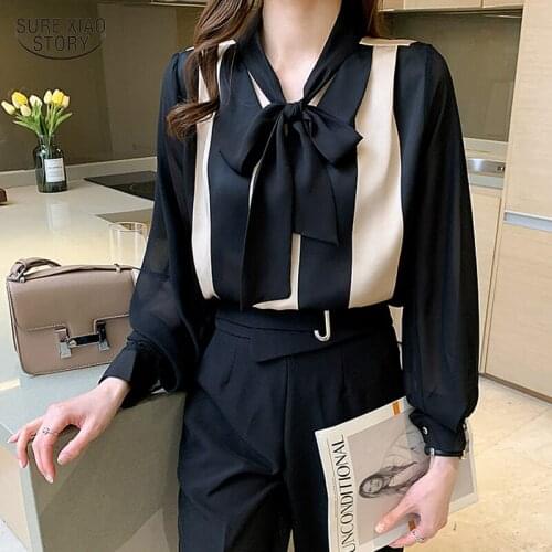 2021 Lace Bow Elegant New Blouse Women Autumn All-match Print Stitching Long-sleeved Blouse Fashion Soft Loose Women Shirt 16743