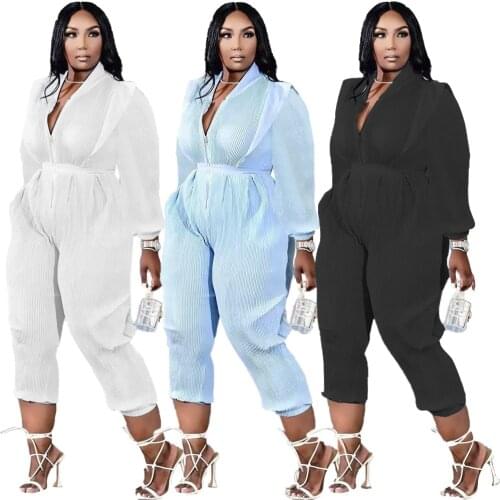 Womens Clothing Fashion Solid Color Pleated All Match Long Sleeve Stand Up Collar Plus Size Jumpsuit 3xl Wholesale Dropshipping