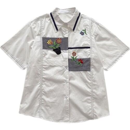 Japanese college style irregular stitching embroidery flower retro shirt women