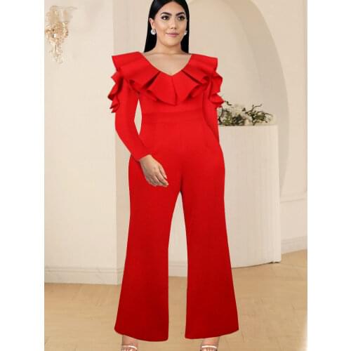 Ruffles Plus Size Jumpsuits Sexy V Neck Long Sleeve High Waist Bodycon Wide Leg Women Rompers Evening Birthday Party Overalls