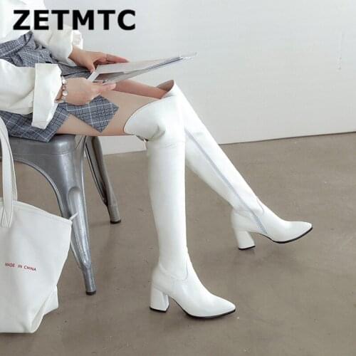 Quality PU Women Boots over knee Long Boots Women High Boots Short Plush Stretch Fabric Fashion Women Boots Size 32-43