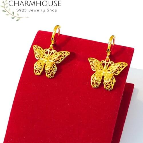 24K Gold Filled Earrings For Women Exqusite Butterfly Drop Earing Pendientes Mujer Brincos Femme African Gold Jewelry Accesories