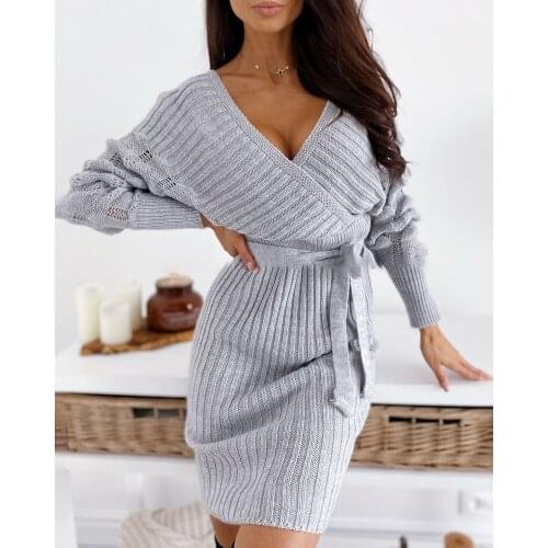 Off Shoulder Sweater Dress Women Backless Knitted Jumpers Sexy Female Clothing Spring Autumn Elegant V Neck See Through Pullover