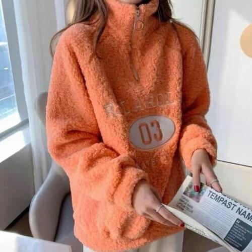 Winter Fashion Embroidered Letters Harajuku Womens Hoodies Lambs Hair Half High Neck Plus Velvet Loose Warm Coat Sweatshirt