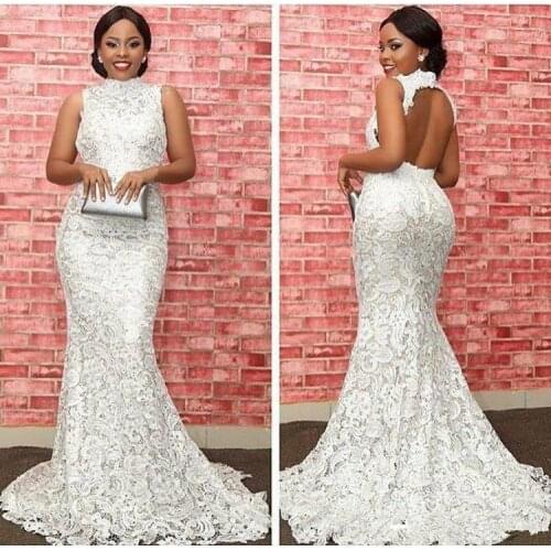 2020 Evening Dresses Wear High Neck Full Lace Applique Illusion Sleeveless Hollow Back Mermaid African Sweep Train Formal gown
