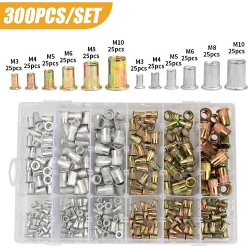 300PCS M3-M10 Flat Head Rivet Nuts Zinc Plated Aluminum Rivnut Cap Rivet Threaded Nut Kit