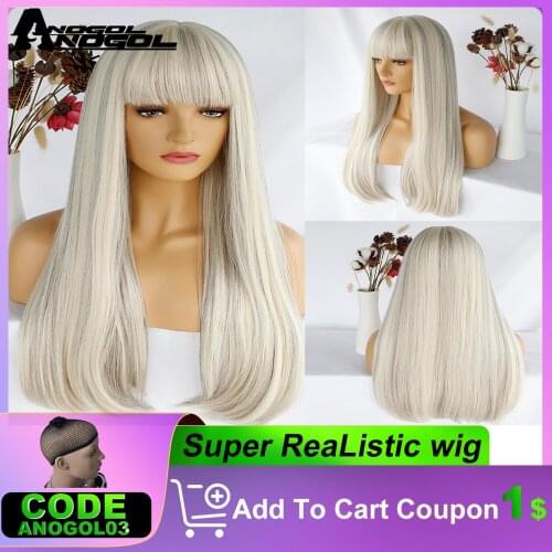Anogol Brand Long Straight Synthetic Wigs with Bangs Dark Root Ombre Color White Heat Resistant Hair Wigs for Women Daily Use