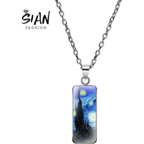 SIAN Van Gogh Rectangular Pendant Necklace Art Picture Starry Night Gustav Klimt The Kiss Oil Painting Necklaces For Women Gifts