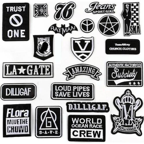 Black White English Alphabet Embroidery Patches for Clothing DIY Stripes Written Words Sticker Clothes Letters Iron on Badges G