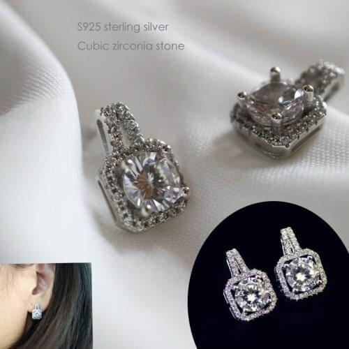 Elegant fashion 100% pure 925 sterling silver earrings square cubic zirconia silver stud earrings for women girls jewelry gift