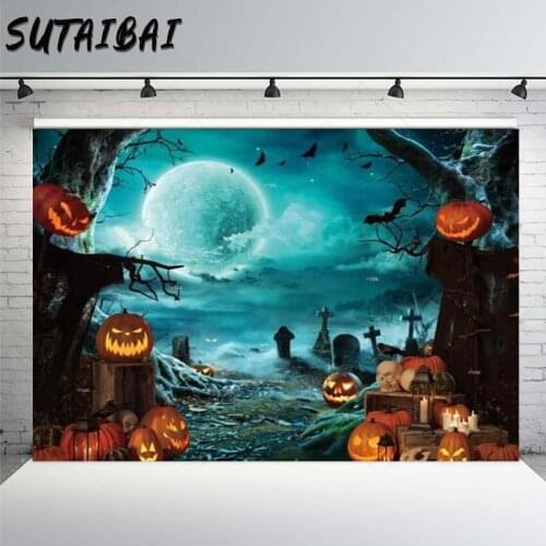 Halloween Party Pumpkin Lantern Background Full Moon Night Branches Bats Horrible Tombstone Backdrop Portrait Photography Studio