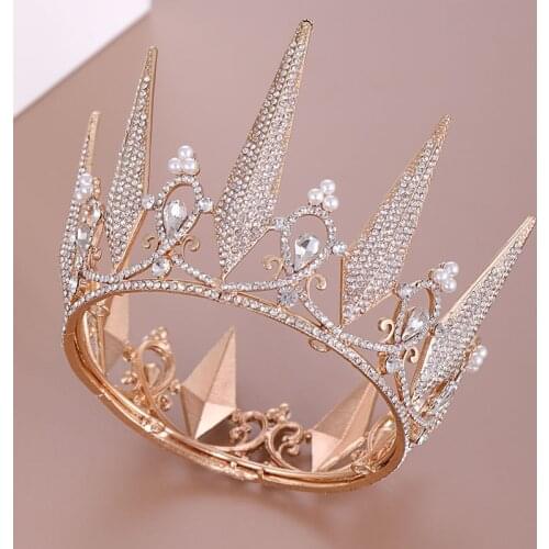 FORSEVEN Baroque Crowns Rhinestone Crystal Tiaras Wedding Bridal Bride Hair Accessories Queen Princess Gold Color Crown Jewelry