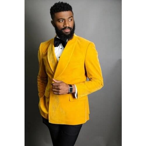 Costume Homme Yellow Men‘s 2 Pieces Suits Shawl Lapel Groom Tuxedos Velvet Best Men Wedding Groomsmen ( Jacket+Pants+Tie)