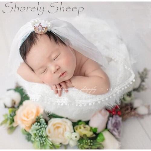 Newborn Photography Lace Wedding Tiara Props Baby Girl Photo Shoot White Headband with Wraps bebe fotografia Accessory fotoshoot