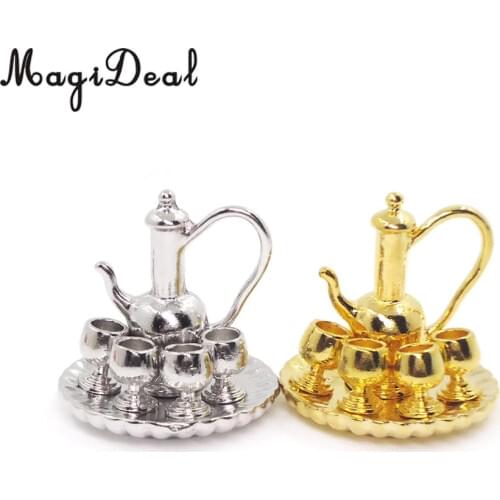 6 Pieces 1:12 Scale Dollhouse Miniature Silver Metal Tea Coffee Set with Tray Vintage Style Tableware Furniture Accessories