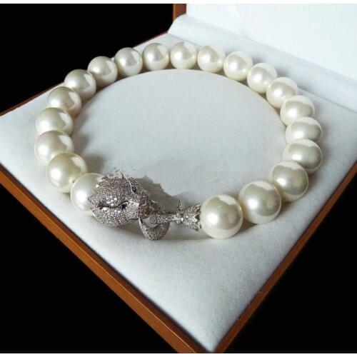 Fashion jewelry good design Natural 18'' 20mm white shell pearl inlay zircon leopard head LUXURY necklace -Bride jewel