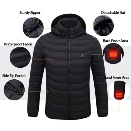 Electric Heated Jackets Men USB Heating Mens Jacket Winter Solid Parka Men Long Sleeve Hooded Thermal Winter Coat Men Outerwear