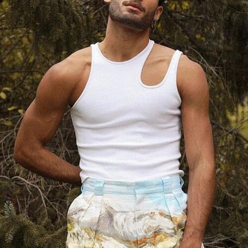 Summer Men Tank Top Solid Color Sleeveless Cut-out Design Strap Casual Tank Tops 2021 New