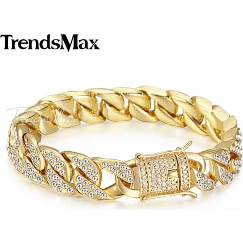 Mens Bracelet Hip Hop Miami Curb Cuban Link Chain CZ Gold Bracelets For Male Jewelry Dropshipping 14mm KGB409A