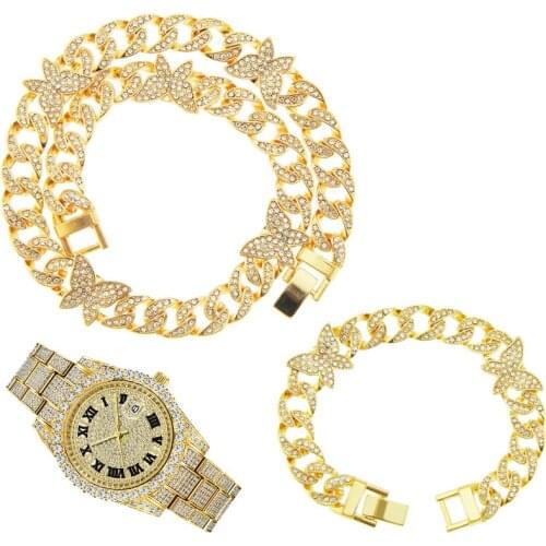 Hip Hop 3pcs kit 12MM Iced Out Paved Rhinestones Full Miami Curb Butterfly Cuban CZ Necklace+Watch+Bracelet For Men Jewelry