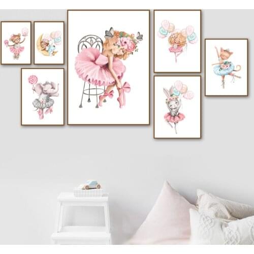 Wall Art Canvas Painting Flower Ballet Dancing Girl Kitty Rabbit Cartoon Nordic Posters And Prints Wall Pictures For Kids Room