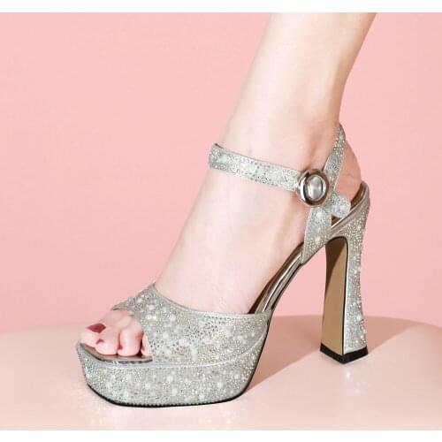 Sandals Women 2021 Summer Wedding Shoes Chunky Heels Platform Pumps Ladies Square Toes Sexy Pearl Shoes Silver High Heels 34-39