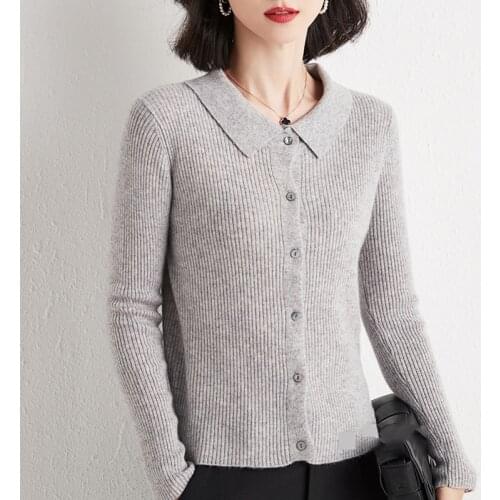 Slim Solid Polo Collar Knit Cardigan Women 10 Color Elastic Single-Breasted Long Sleeve Sweaters Korean Style Spring Short Tops