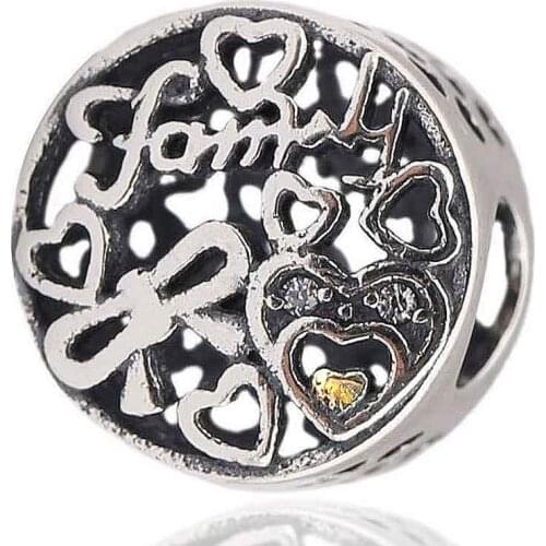 Original Openwork Family Tribute Two-Tone With Crystal Beads Fit 925 Sterling Silver Charm Bracelet Bangle Diy Jewelry