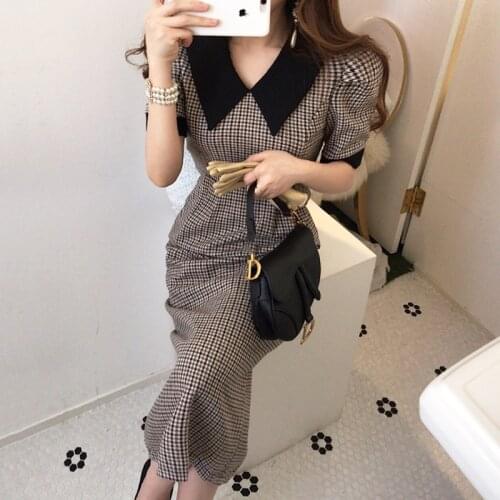 Woman Skinny Dress Turn-down Collar Short Sleeve High Waist Plaid Slim Dresses Elegant Chic Mid-Calf Split Dress Trend 2020
