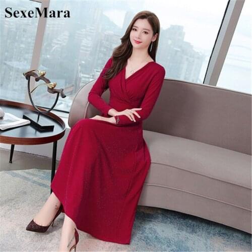 Real shot autumn new V-neck ladies retro temperament elegant retro bright silk large swing long knee long sleeve dress