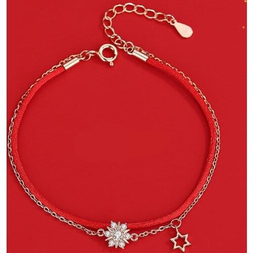 Rose gold snowflake bracelet sterling silver Mori Korean fashion double simple Christmas ornaments Birthday Red Rope Hand Rope