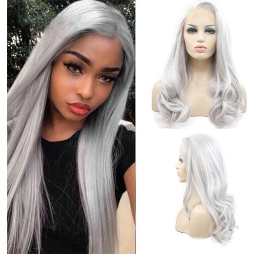 Silver Synthetic Lace Front Wig White Gray Grey Curly Body Wave Frontal Cosplay Glueless Transparent Lace Pre Plucked Wigs W