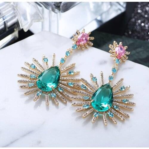 HIBRIDE Large Zircon Stone Drop Earring Top Blue Green Post Zircon Inlay Fashion Thick Style Earrings Luxury Ladys Jewel E-627