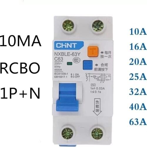 CHINT NXBLE-63Y 6A 10A 16A 32A 63A 10MA 0.01A RCBO 1P + N 230V interruptor de corriente Residual protección contra fugas de corr