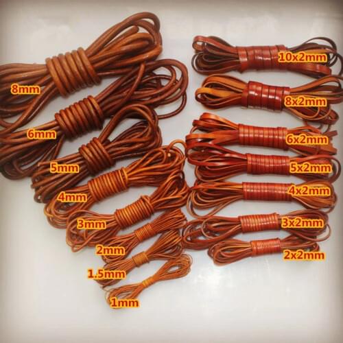 2m 1.5- 8 mm Retro Brown Genuine Cow Leather Cord for Jewelry Findings Flat Round Strap String Rope DIY Bracelet Necklace Making