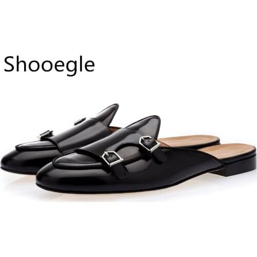 Men Vintage Casual Shoes Pointed Toe Double Buckle Strap Decoration Loafers Fashion Leather Slippers Black Blue